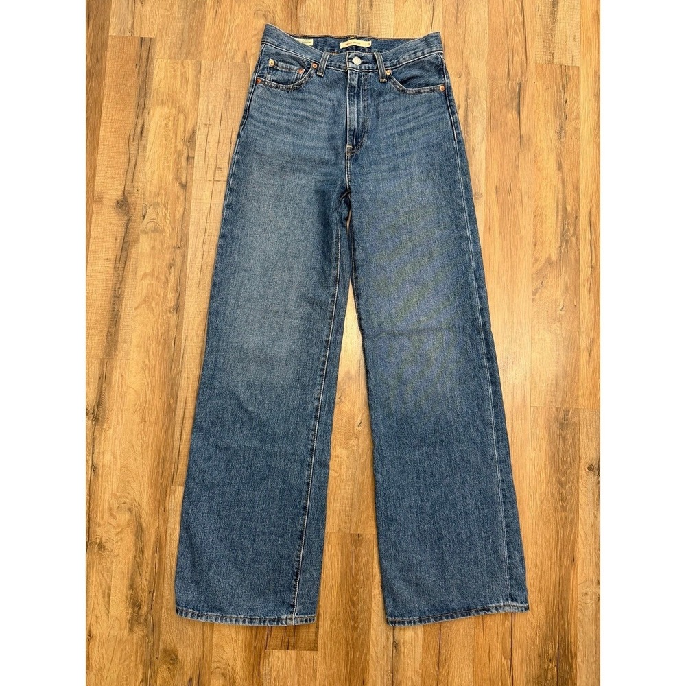 Levi's Ribcage Wide Leg Jeans 26 High Rise Straight Denim Blue Cotton - Picture 3 of 11